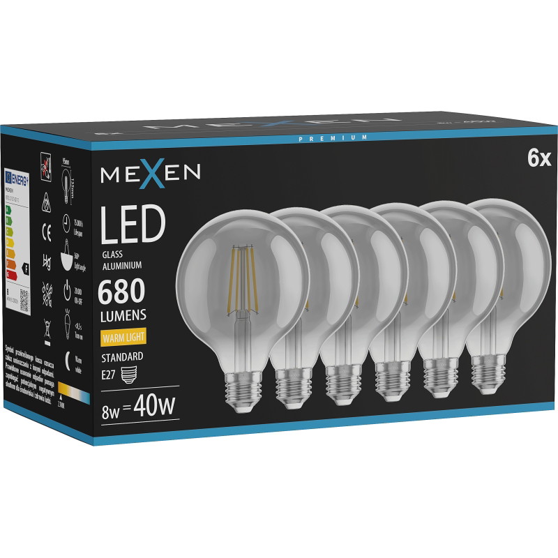 Mexen Vintis 6x LED осветление с нажежаема жичка E27, G95, 8W, Топла - 2700K, 680 lm, димно