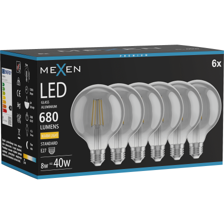 Mexen Vintis 6x LED осветление с нажежаема жичка E27, G95, 8W, Топла - 2700K, 680 lm, димно