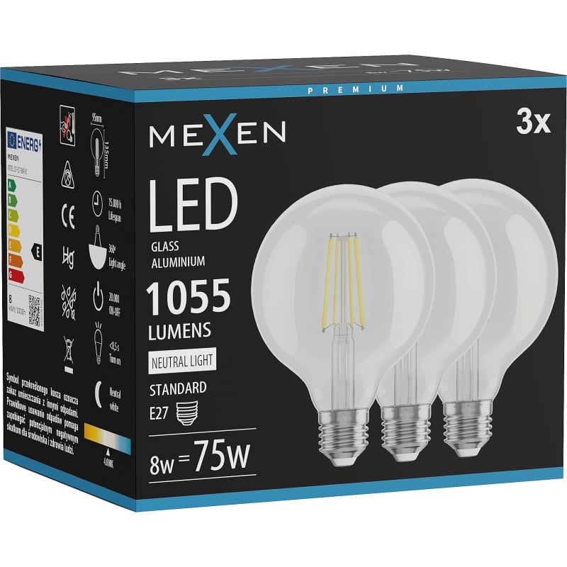 Mexen Vintis 3x LED нишкова крушка E27, G95, 8W, Неутрална - 4000K, 1055 lm, прозрачна