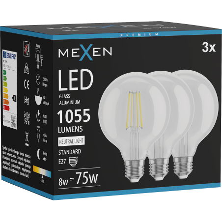 Mexen Vintis 3x LED нишкова крушка E27, G95, 8W, Неутрална - 4000K, 1055 lm, прозрачна