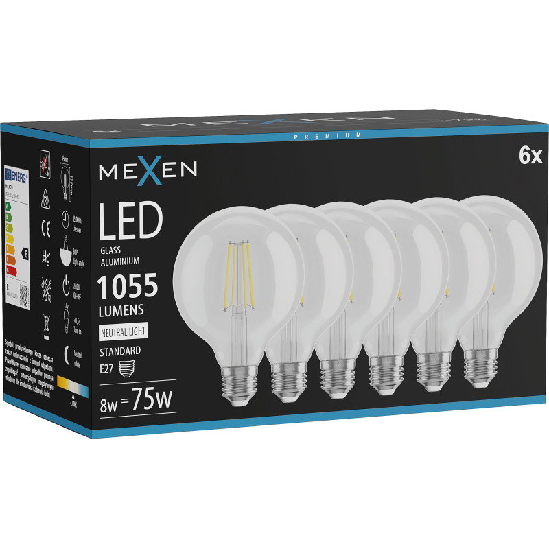 Mexen Vintis 6x LED филаментна крушка E27, G95, 8W, неутрална - 4000K, 1055 lm, прозрачна