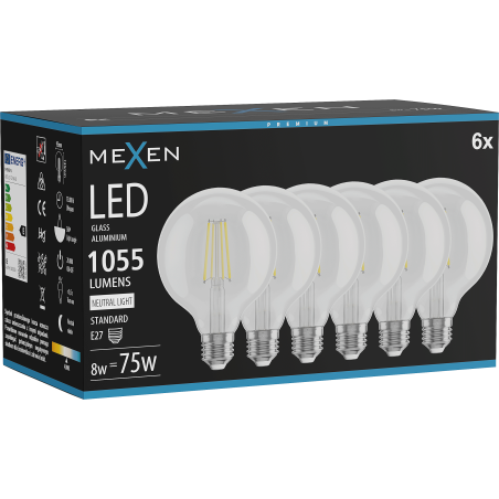 Mexen Vintis 6x LED филаментна крушка E27, G95, 8W, неутрална - 4000K, 1055 lm, прозрачна