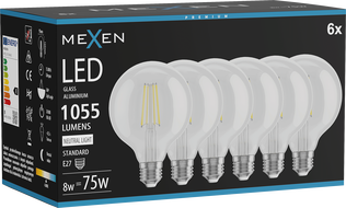 Mexen Vintis 6x LED филаментна крушка E27, G95, 8W, неутрална - 4000K, 1055 lm, прозрачна