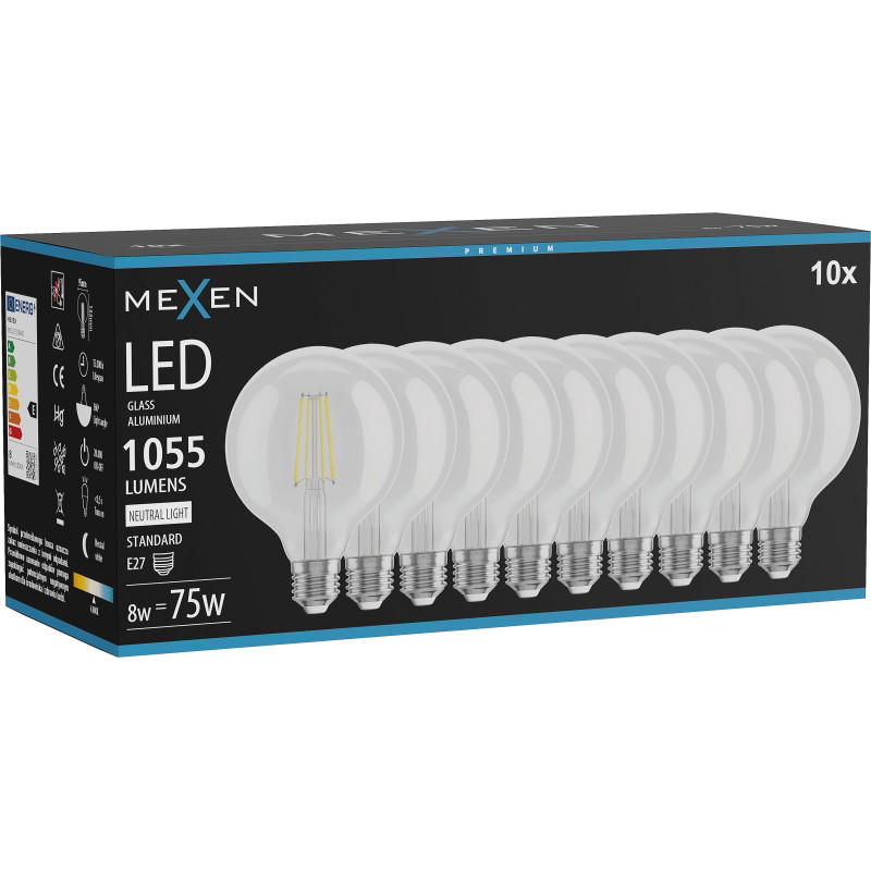Mexen Vintis 10x LED крушка с нажежаема жичка E27, G95, 8W, Неутрална - 4000K, 1055 lm,