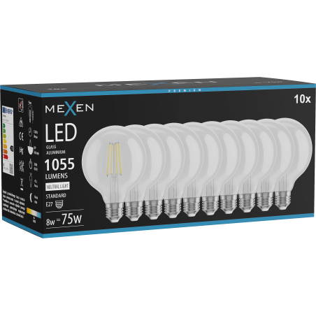 Mexen Vintis 10x LED крушка с нажежаема жичка E27, G95, 8W, Неутрална - 4000K, 1055 lm,