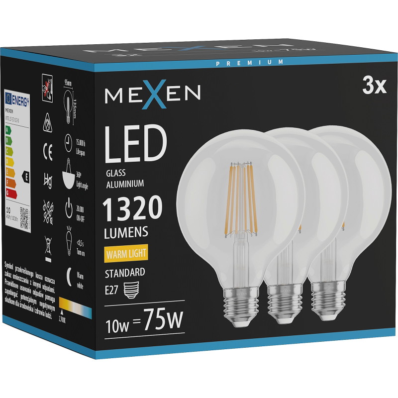 Mexen Vintis 3x LED филамент крушка E27, G95, 10W, Топла - 2700K, 1320 lm, прозрачна