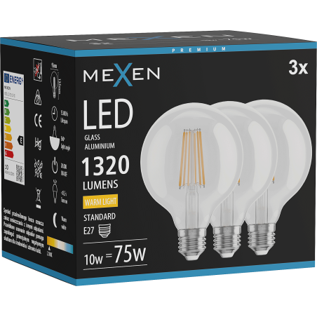 Mexen Vintis 3x LED филамент крушка E27, G95, 10W, Топла - 2700K, 1320 lm, прозрачна