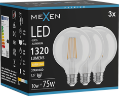 Mexen Vintis 3x LED филамент крушка E27, G95, 10W, Топла - 2700K, 1320 lm, прозрачна