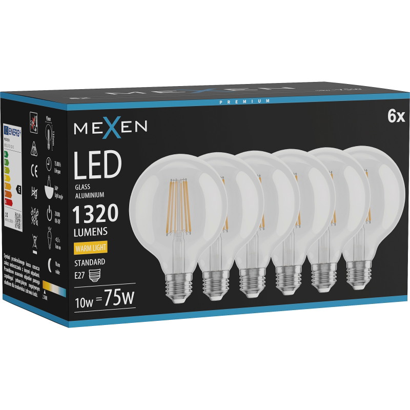 Mexen Vintis 6x LED филтрираща крушка E27, G95, 10W, Топла - 2700K, 1320 lm, прозрачна