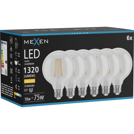 Mexen Vintis 6x LED филтрираща крушка E27, G95, 10W, Топла - 2700K, 1320 lm, прозрачна