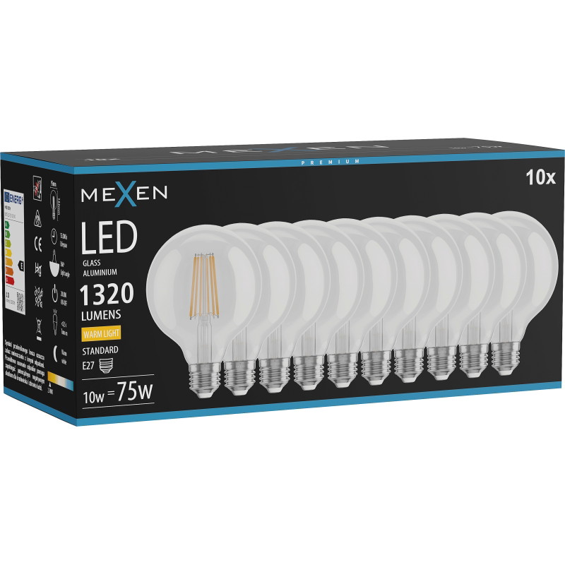 Mexen Vintis 10x LED крушка с нажежаема жичка E27, G95, 10W, Топла - 2700K, 1320 lm,
