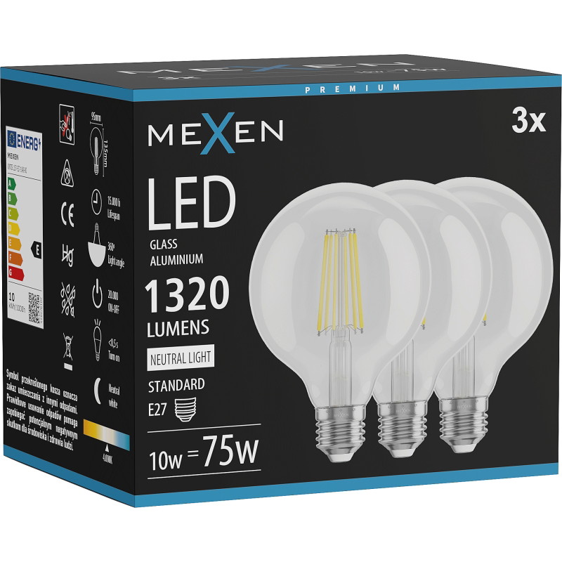 Mexen Vintis 3x LED нажежаема жичка крушка E27, G95, 10W, неутрална - 4000K, 1320 lm,