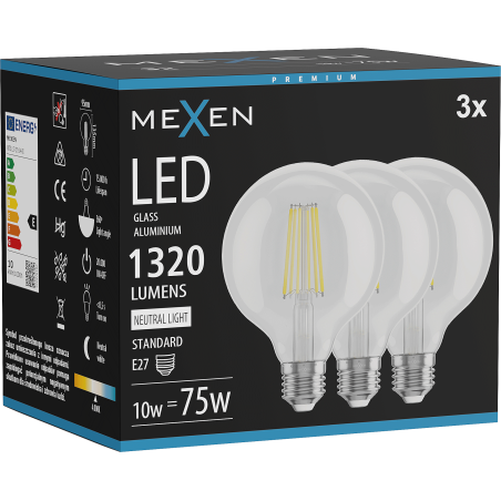Mexen Vintis 3x LED нажежаема жичка крушка E27, G95, 10W, неутрална - 4000K, 1320 lm,
