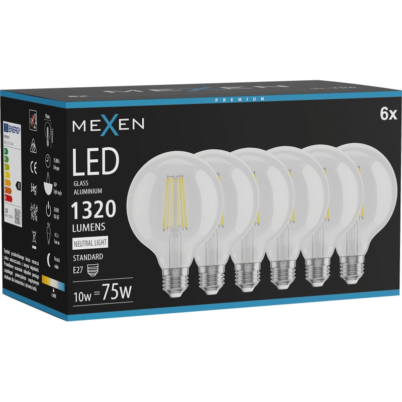 Mexen Vintis 6x LED филаментна крушка E27, G95, 10W, неутрална - 4000K, 1320 lm, прозрачна