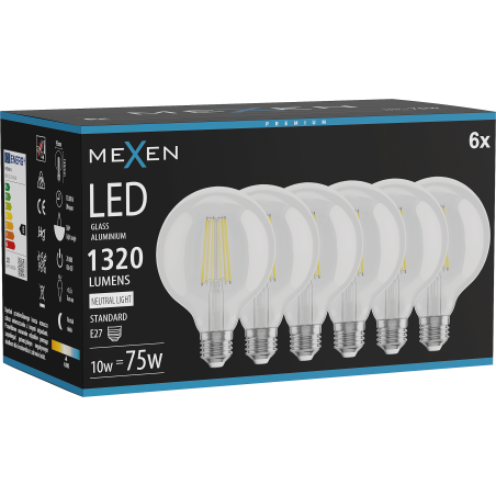 Mexen Vintis 6x LED филаментна крушка E27, G95, 10W, неутрална - 4000K, 1320 lm, прозрачна