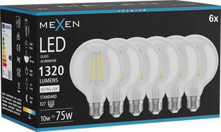 Mexen Vintis 6x LED филаментна крушка E27, G95, 10W, неутрална - 4000K, 1320 lm, прозрачна