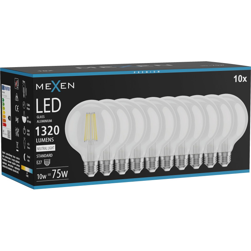 Mexen Vintis 10x LED филтърни крушки E27, G95, 10W, Неутрална - 4000K, 1320 lm, прозрачен