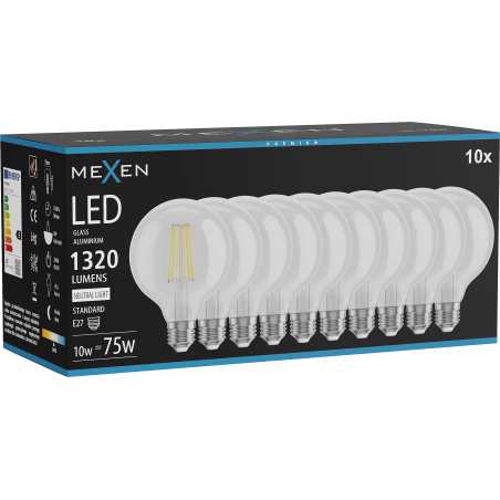 Mexen Vintis 10x LED филтърни крушки E27, G95, 10W, Неутрална - 4000K, 1320 lm, прозрачен