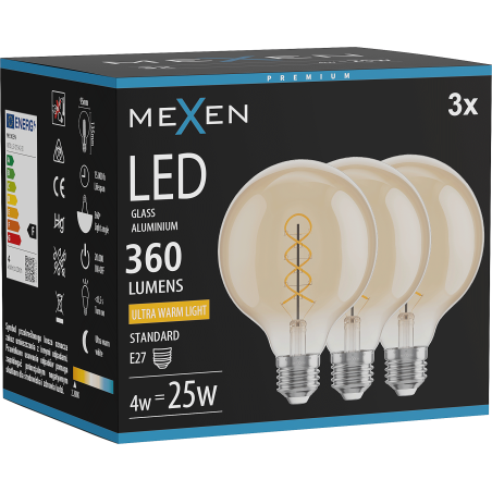 Mexen Vintis 3x Филаментна LED крушка спирала E27, G95, 4W, Топла - 2200K, 360 lm, кехлибар