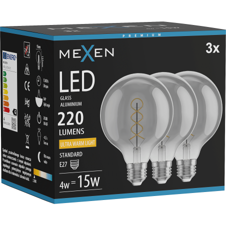 Mexen Vintis 3x LED филаментна крушка спирала E27, G95, 4W, Топла - 2200K, 220 lm, димна