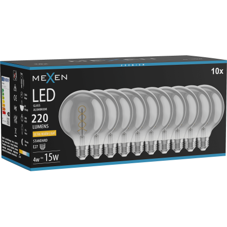 Mexen Vintis 10x LED крушка тип нажежаема спирала E27, G95, 4W, Топло - 2200K, 220 lm,