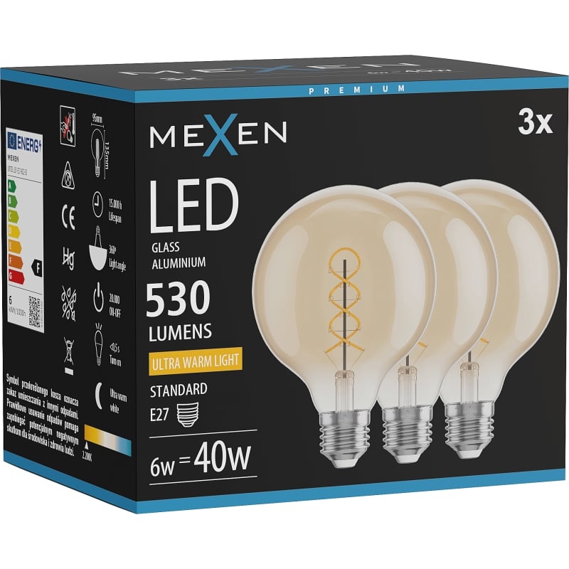 Mexen Vintis 3x Филаментна спирална LED крушка E27, G95, 6W, Топла - 2200K, 530 lm,