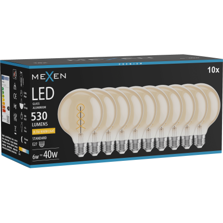 Mexen Vintis 10x LED спираловидна нажежаема жичка E27, G95, 6W, Топла - 2200K, 530 lm,