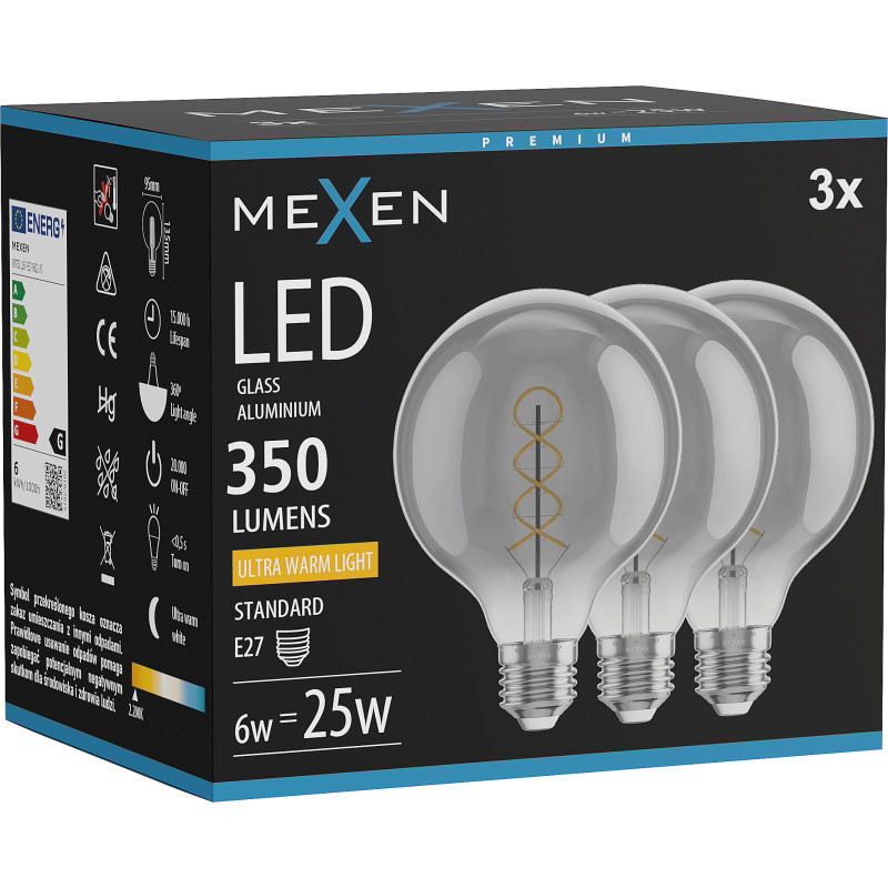 Mexen Vintis 3x спирална нажежаема жичка LED E27, G95, 6W, Топла - 2200K, 350 lm, димно