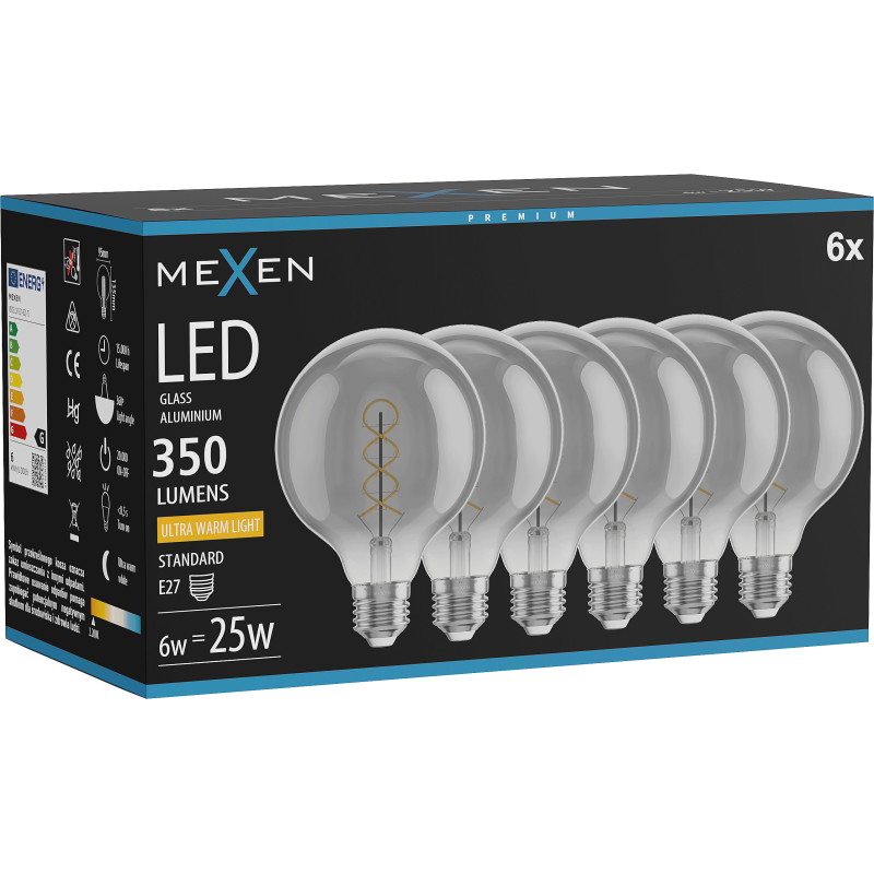 Mexen Vintis 6x светодиодна крушка с филамент спирала LED E27, G95, 6W, Топло - 2200K, 350