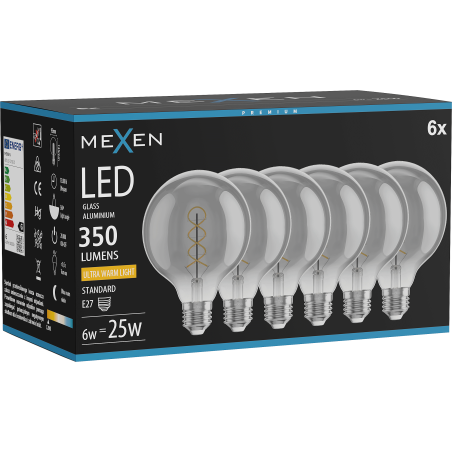 Mexen Vintis 6x светодиодна крушка с филамент спирала LED E27, G95, 6W, Топло - 2200K, 350