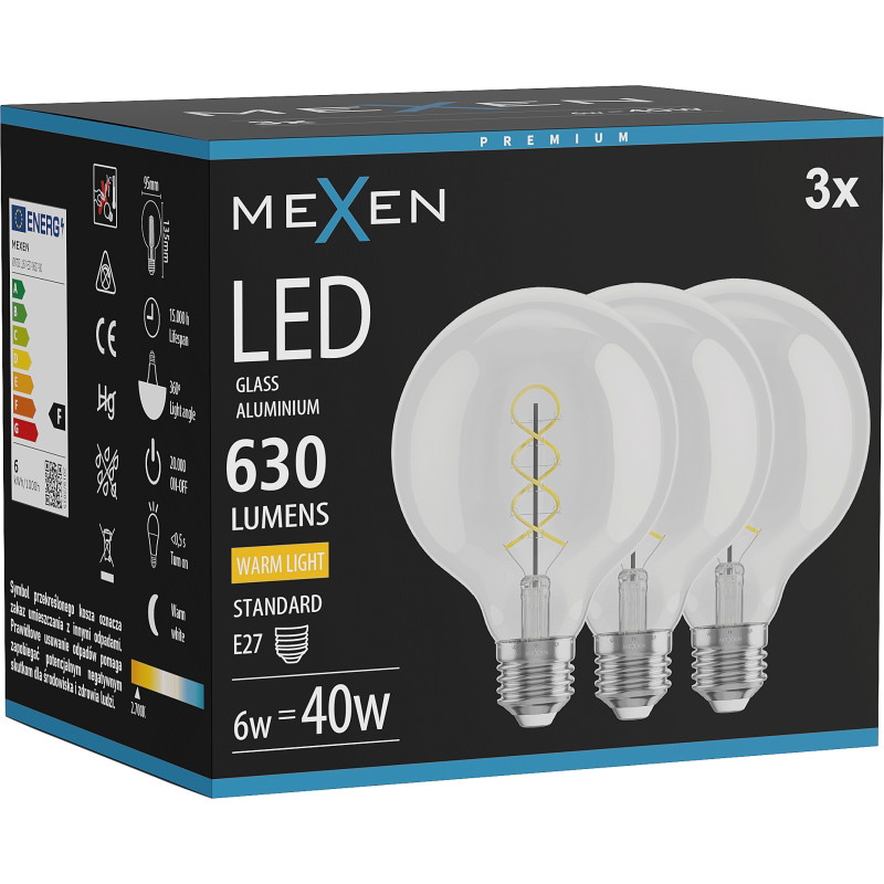 Mexen Vintis 3x LED филаментна спираловидна крушка E27, G95, 6W, Топла - 2700K, 630 lm, clear