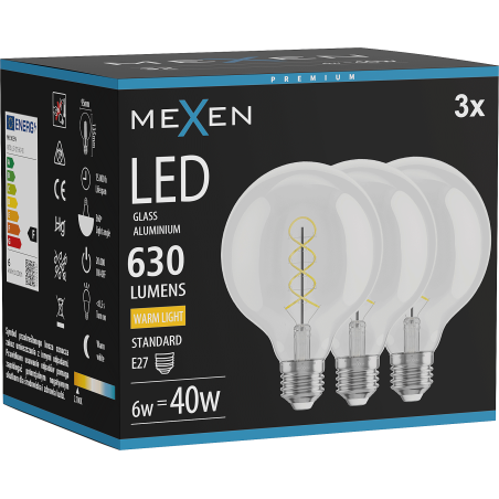 Mexen Vintis 3x LED филаментна спираловидна крушка E27, G95, 6W, Топла - 2700K, 630 lm, clear