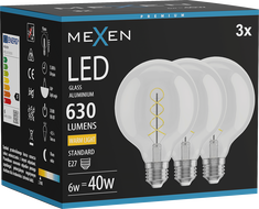 Mexen Vintis 3x LED филаментна спираловидна крушка E27, G95, 6W, Топла - 2700K, 630 lm, clear