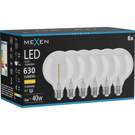 Mexen Vintis 6x LED крушка с нажежаема спирала E27, G95, 6W, Топла - 2700K, 630 lm,