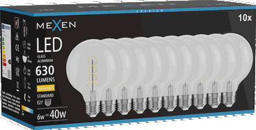 Mexen Vintis 10x LED спирална нажежаема жичка E27, G95, 6W, Топла - 2700K, 630 lm, прозрачен