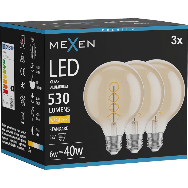 Mexen Vintis 3x LED спирална нажежаема жичка крушка E27, G95, 6W, Топла - 2700K, 530 lm,