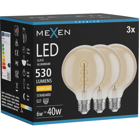 Mexen Vintis 3x LED спирална нажежаема жичка крушка E27, G95, 6W, Топла - 2700K, 530 lm,