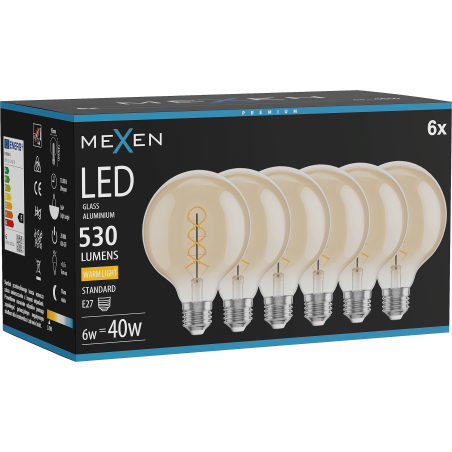Mexen Vintis 6x LED крушка с нажежаема жичка спирала E27, G95, 6W, Топла - 2700K, 530 lm,
