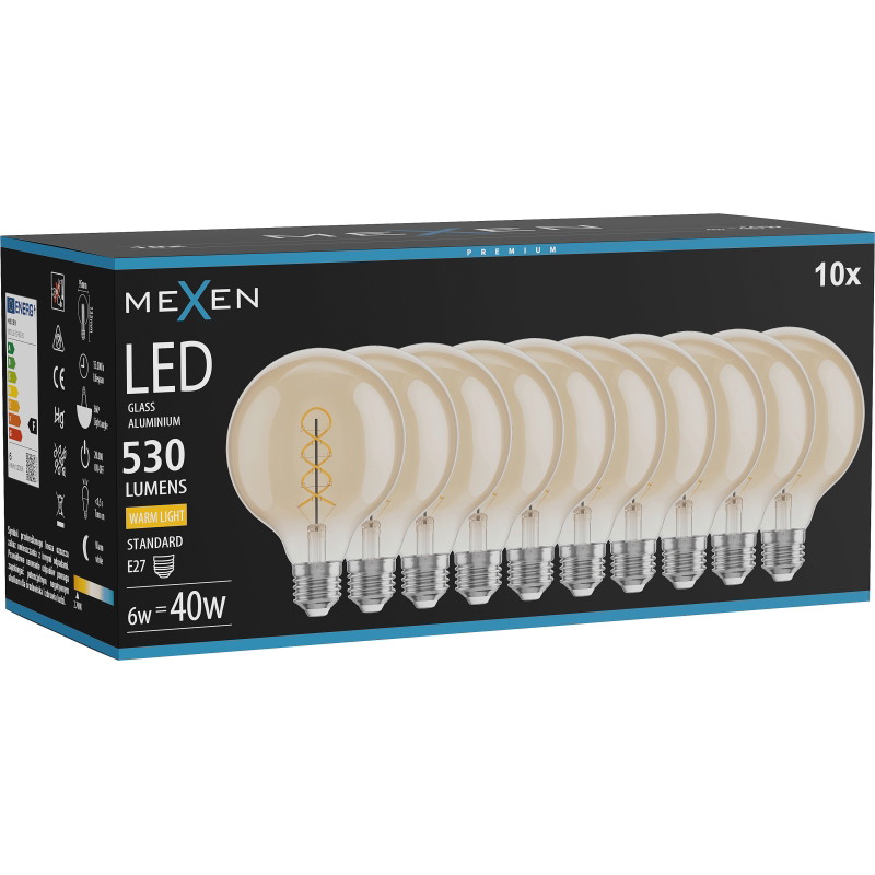 Mexen Vintis 10x крушка с нажежаема спирала LED E27, G95, 6W, Топла - 2700K, 530 lm,