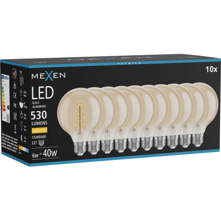 Mexen Vintis 10x крушка с нажежаема спирала LED E27, G95, 6W, Топла - 2700K, 530 lm,