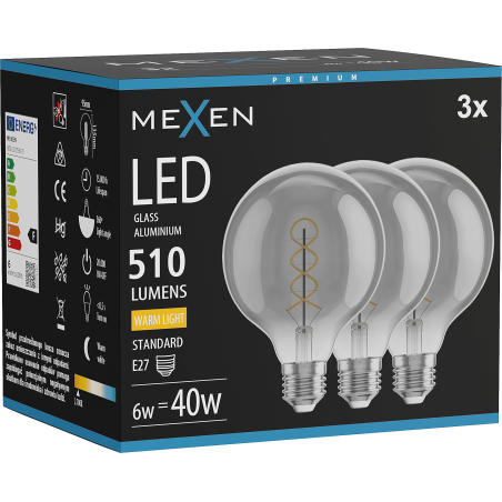 Mexen Vintis 3x LED крушка с нажежаема спирала E27, G95, 6W, Топла - 2700K, 510 lm, димна
