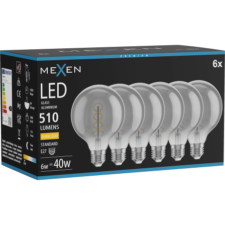 Mexen Vintis 6x LED спирална филтaмент крушка E27, G95, 6W, Топла - 2700K, 510 lm, димно