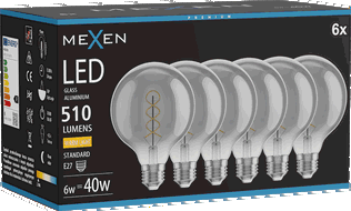 Mexen Vintis 6x LED спирална филтaмент крушка E27, G95, 6W, Топла - 2700K, 510 lm, димно