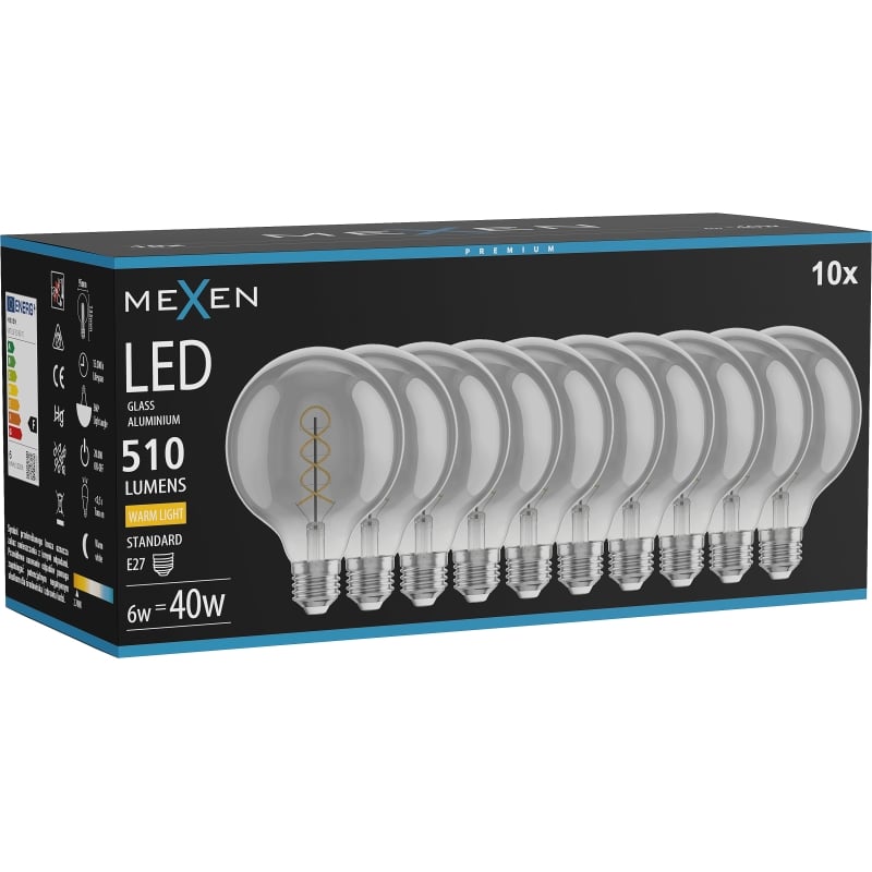 Mexen Vintis 10x крушка с нажежаема спирала LED E27, G95, 6W, топла - 2700K, 510 lm, димна