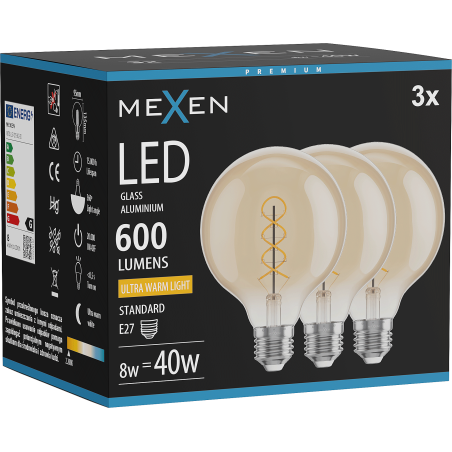 Mexen Vintis 3x LED крушка с филaмент спирала E27, G95, 8W, Топла - 2200K, 600 lm, амбър