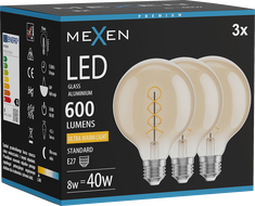 Mexen Vintis 3x LED крушка с филaмент спирала E27, G95, 8W, Топла - 2200K, 600 lm, амбър