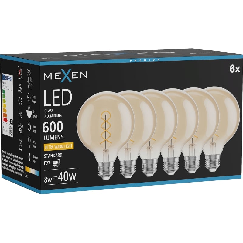 Mexen Vintis 6x LED нажежаема спирална крушка E27, G95, 8W, Топло - 2200K, 600 lm, кехлибар