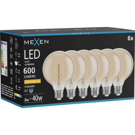 Mexen Vintis 6x LED нажежаема спирална крушка E27, G95, 8W, Топло - 2200K, 600 lm, кехлибар