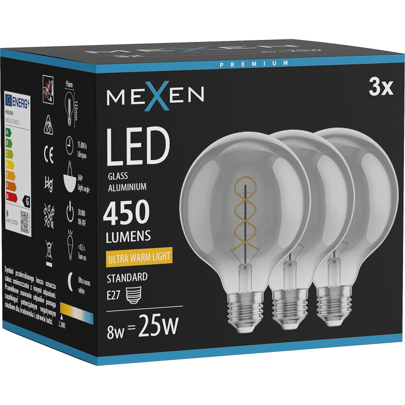 Mexen Vintis 3x LED нажежаема спирална крушка E27, G95, 8W, Топла - 2200K, 450 lm, димна