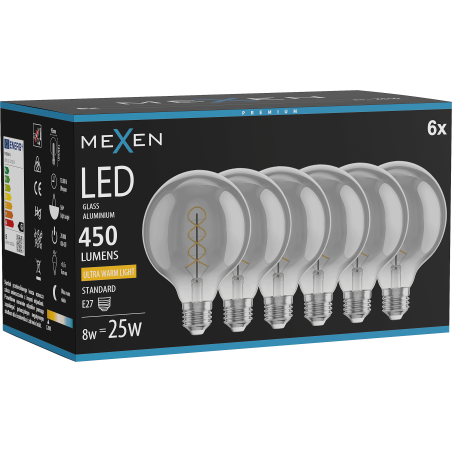Mexen Vintis 6x LED филaмeнтнa крушкa спирала E27, G95, 8W, Топло - 2200K, 450 lm, димнa
